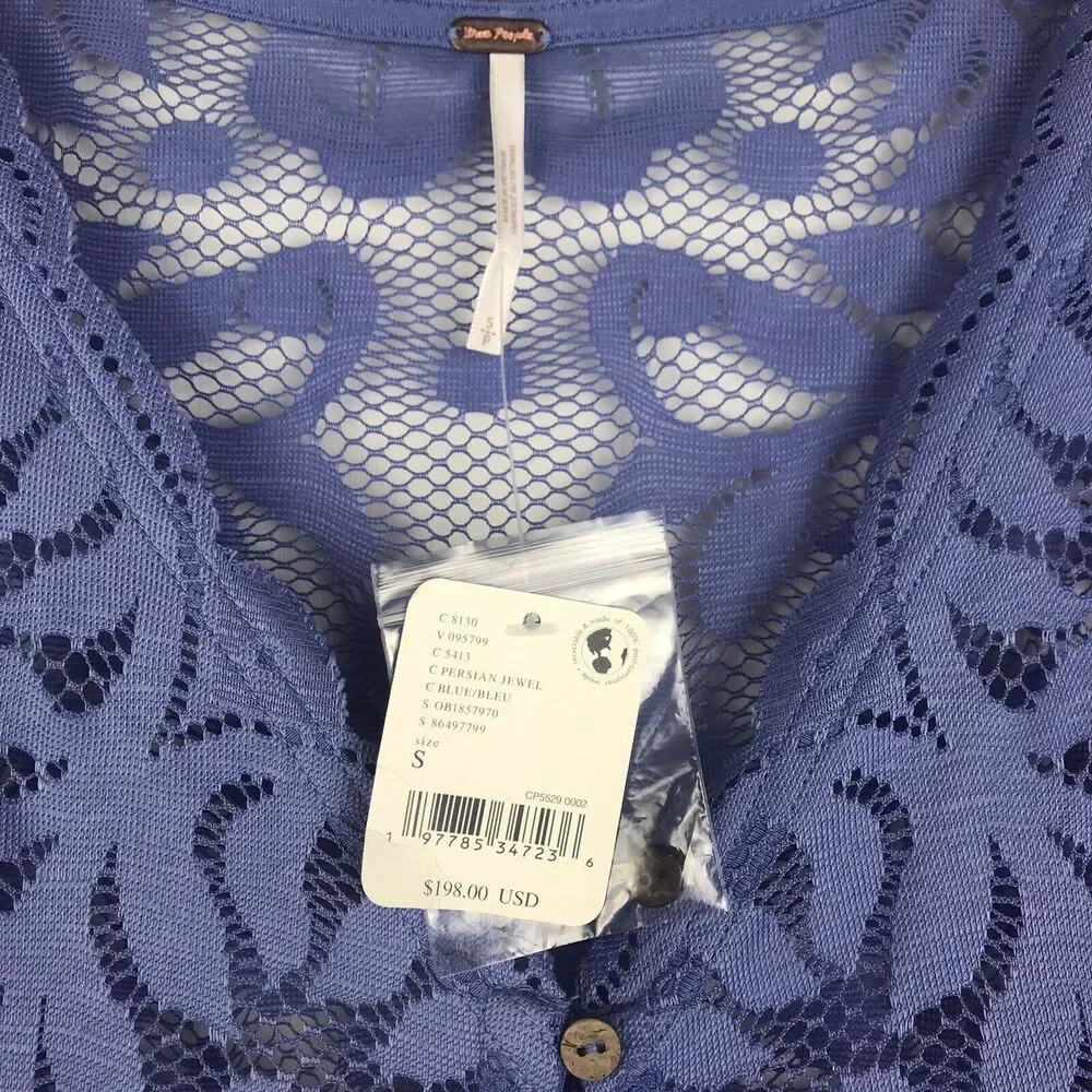 NWT Free People Persian Jewel Blue Lace Midi Dress Button 3/4 Sleeve Small FLAW